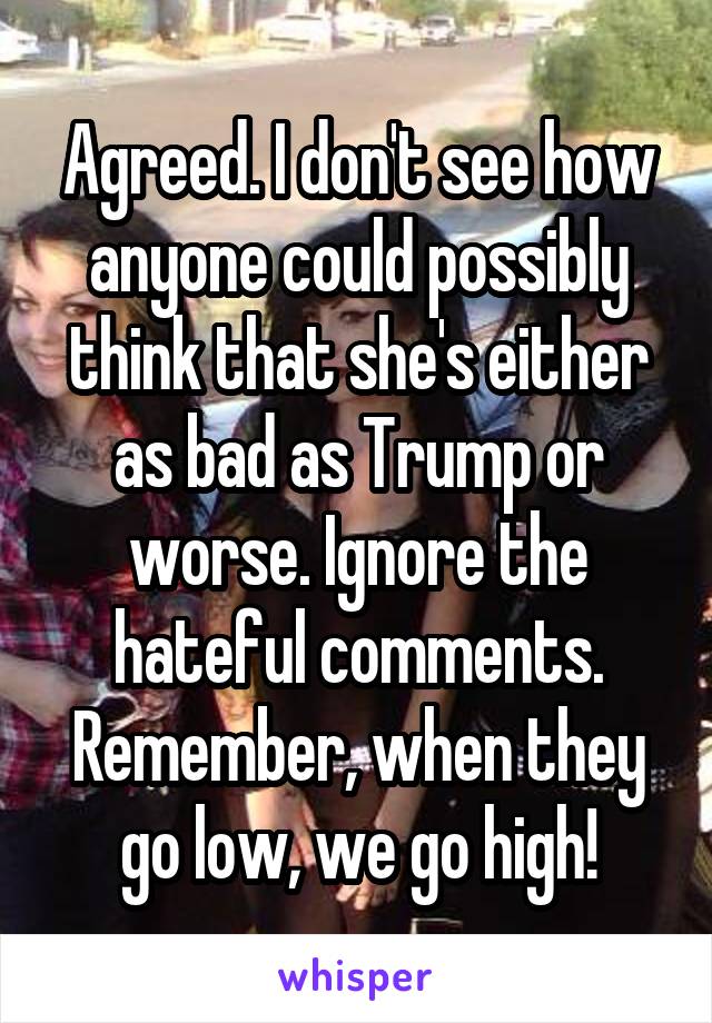 Agreed. I don't see how anyone could possibly think that she's either as bad as Trump or worse. Ignore the hateful comments. Remember, when they go low, we go high!