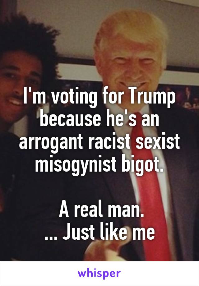 

I'm voting for Trump because he's an arrogant racist sexist misogynist bigot.

 A real man.
... Just like me