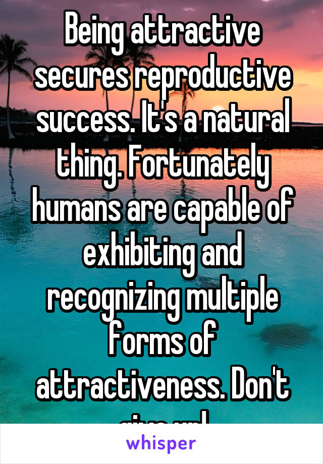 Being attractive secures reproductive success. It's a natural thing. Fortunately humans are capable of exhibiting and recognizing multiple forms of attractiveness. Don't give up!