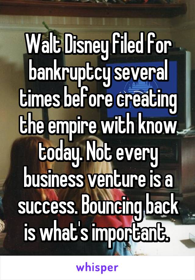 Walt Disney filed for bankruptcy several times before creating the empire with know today. Not every business venture is a success. Bouncing back is what's important. 