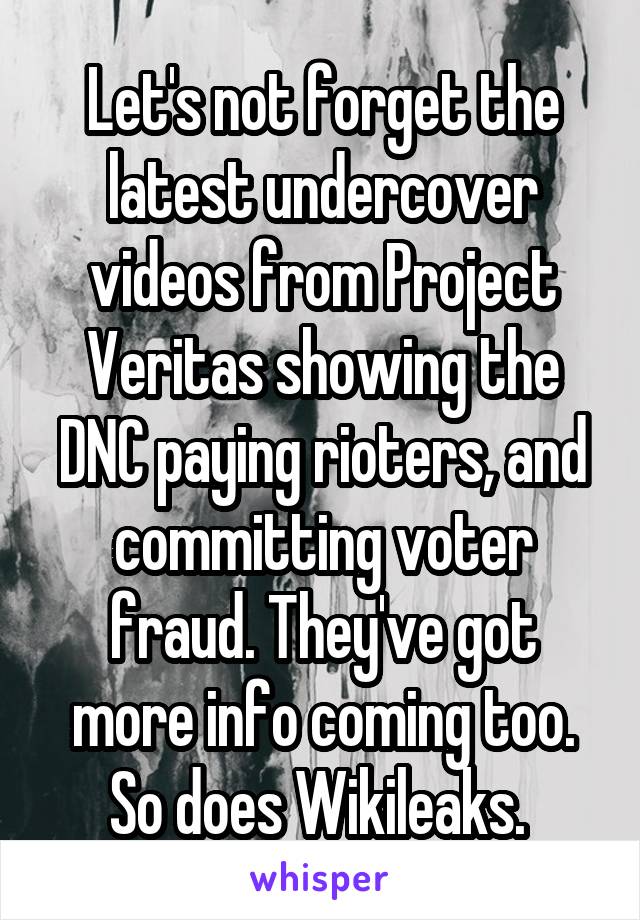 Let's not forget the latest undercover videos from Project Veritas showing the DNC paying rioters, and committing voter fraud. They've got more info coming too. So does Wikileaks. 