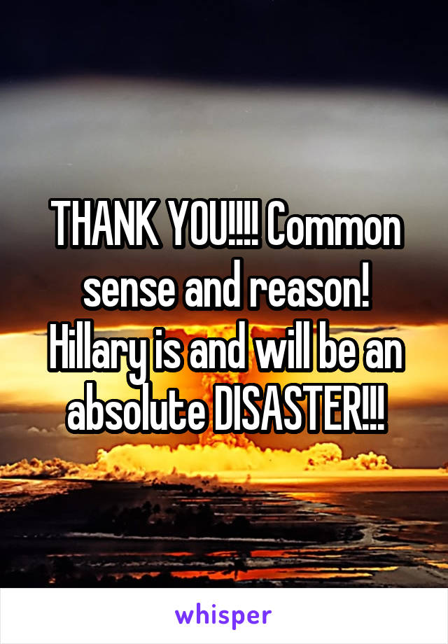 THANK YOU!!!! Common sense and reason! Hillary is and will be an absolute DISASTER!!!