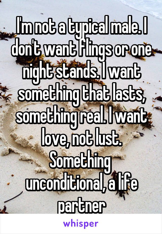 I'm not a typical male. I don't want flings or one night stands. I want something that lasts, something real. I want love, not lust. Something  unconditional, a life partner