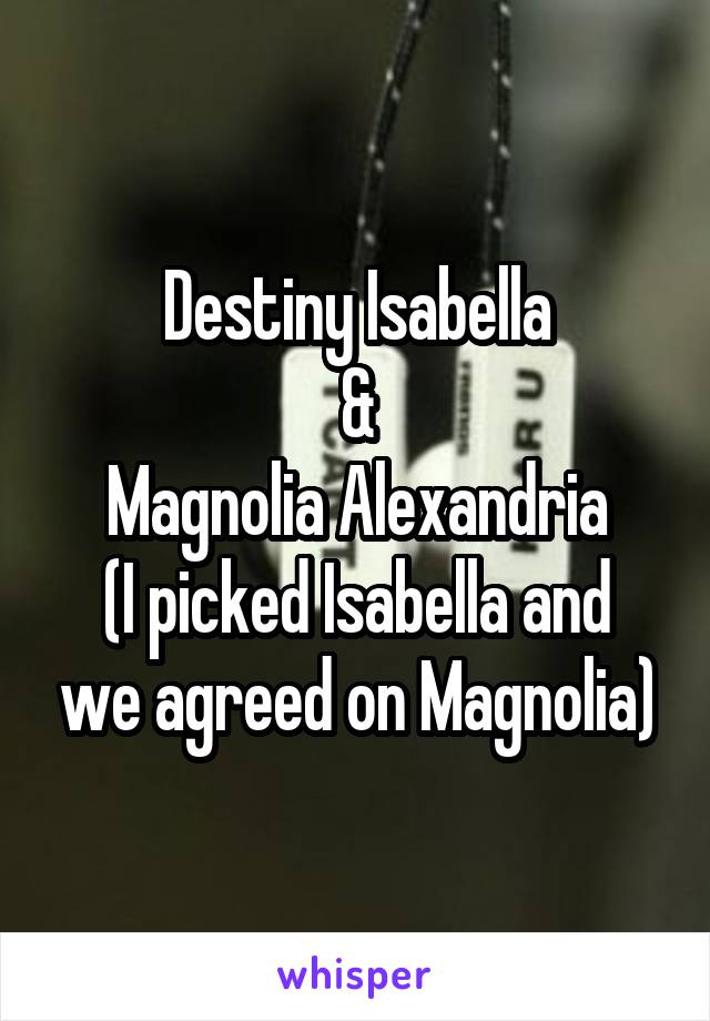 Destiny Isabella
&
Magnolia Alexandria
(I picked Isabella and we agreed on Magnolia)