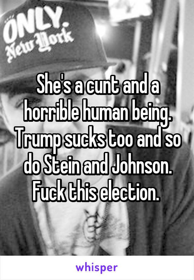 She's a cunt and a horrible human being. Trump sucks too and so do Stein and Johnson. Fuck this election. 