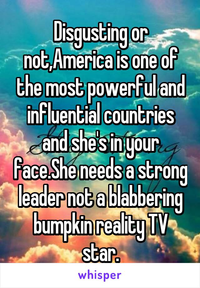 Disgusting or not,America is one of the most powerful and influential countries and she's in your face.She needs a strong leader not a blabbering bumpkin reality TV star.