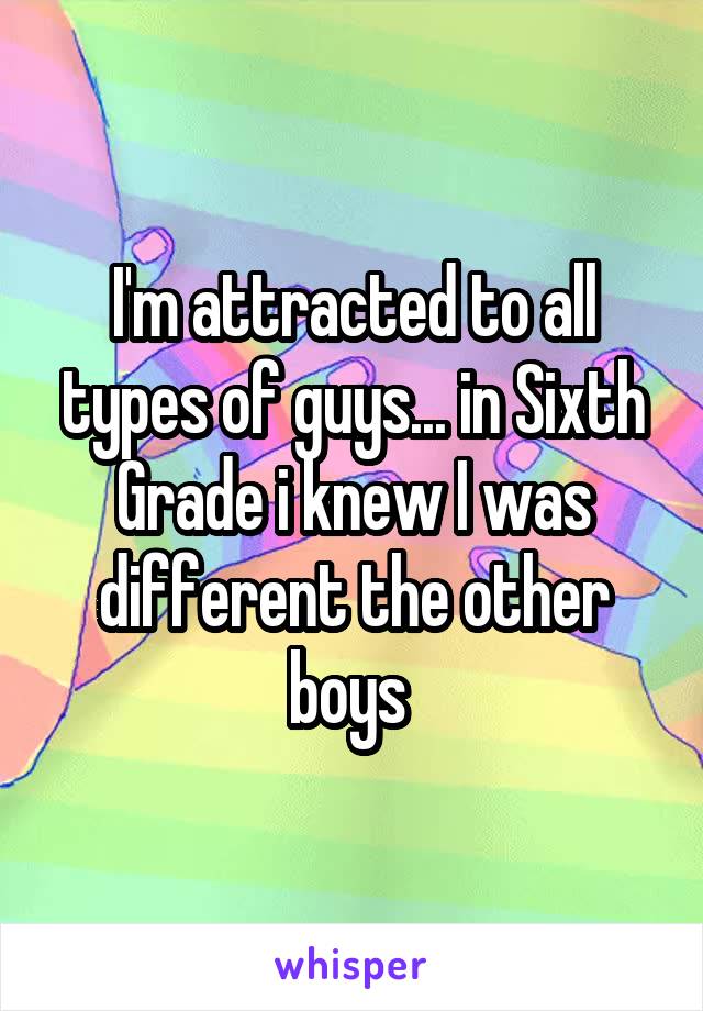 I'm attracted to all types of guys... in Sixth Grade i knew I was different the other boys 