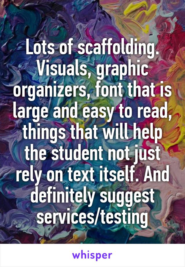 Lots of scaffolding. Visuals, graphic organizers, font that is large and easy to read, things that will help the student not just rely on text itself. And definitely suggest services/testing