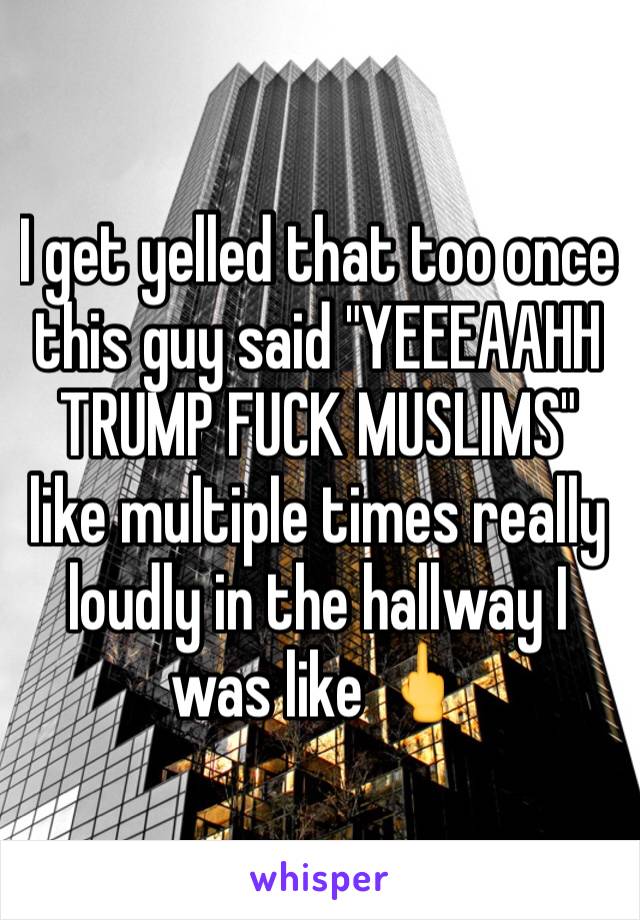 I get yelled that too once this guy said "YEEEAAHH TRUMP FUCK MUSLIMS" like multiple times really loudly in the hallway I was like 🖕