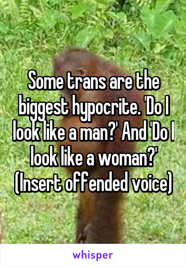 Some trans are the biggest hypocrite. 'Do I look like a man?' And 'Do I look like a woman?' (Insert offended voice)