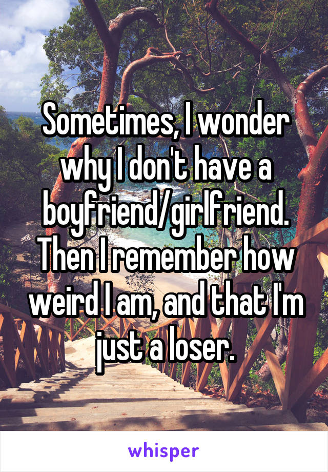 Sometimes, I wonder why I don't have a boyfriend/girlfriend.
Then I remember how weird I am, and that I'm just a loser.