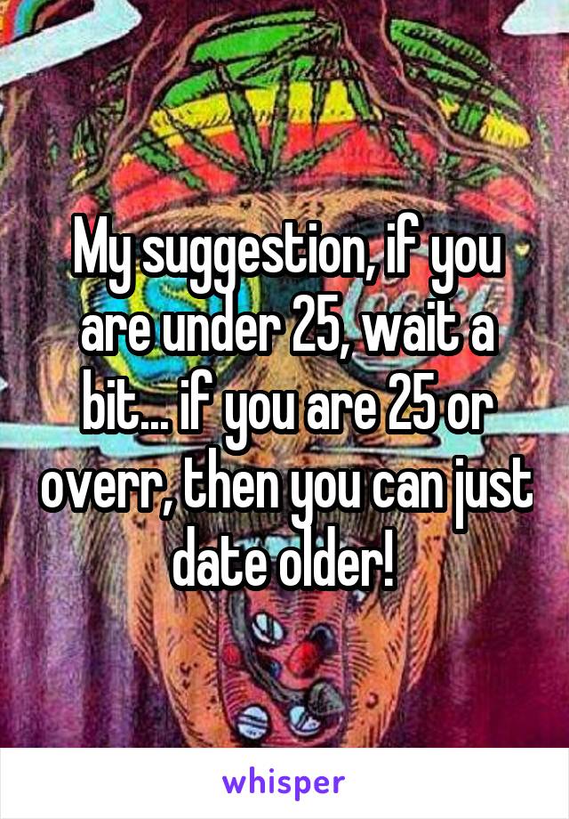 My suggestion, if you are under 25, wait a bit... if you are 25 or overr, then you can just date older! 