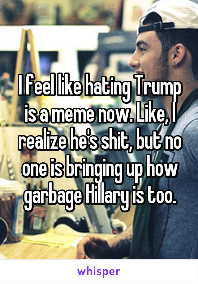 I feel like hating Trump is a meme now. Like, I realize he's shit, but no one is bringing up how garbage Hillary is too.