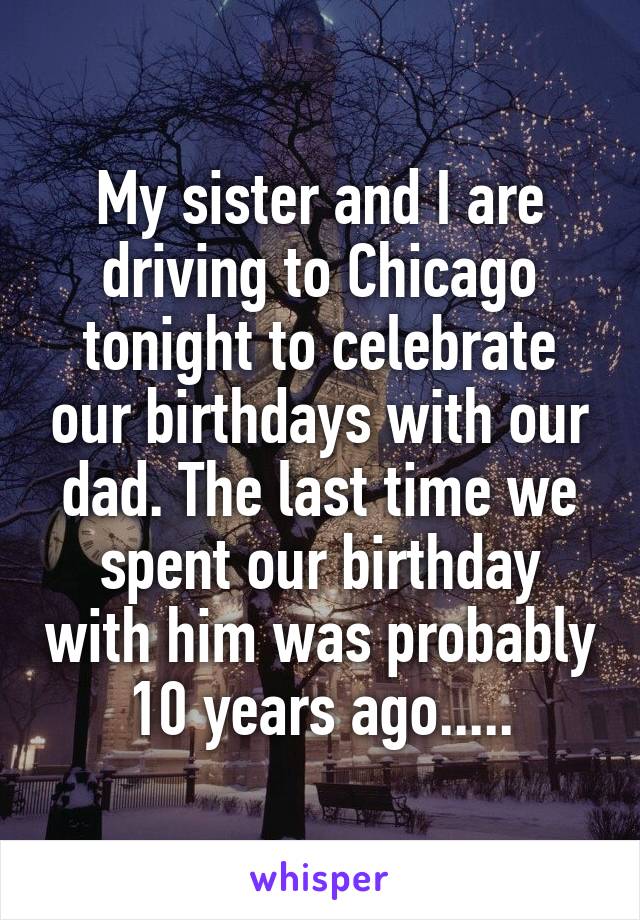 My sister and I are driving to Chicago tonight to celebrate our birthdays with our dad. The last time we spent our birthday with him was probably 10 years ago.....