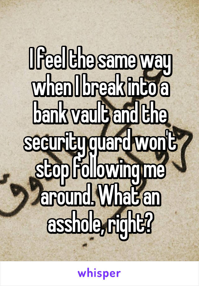 I feel the same way when I break into a bank vault and the security guard won't stop following me around. What an asshole, right?