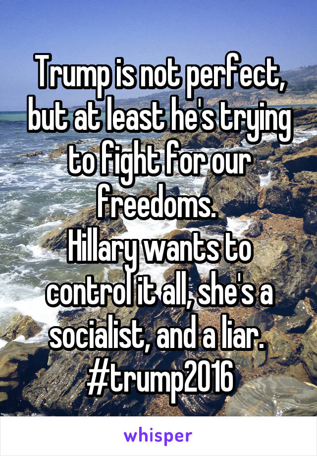 Trump is not perfect, but at least he's trying to fight for our freedoms. 
Hillary wants to control it all, she's a socialist, and a liar. 
#trump2016