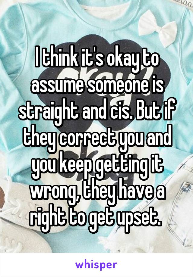 I think it's okay to assume someone is straight and cis. But if they correct you and you keep getting it wrong, they have a right to get upset. 
