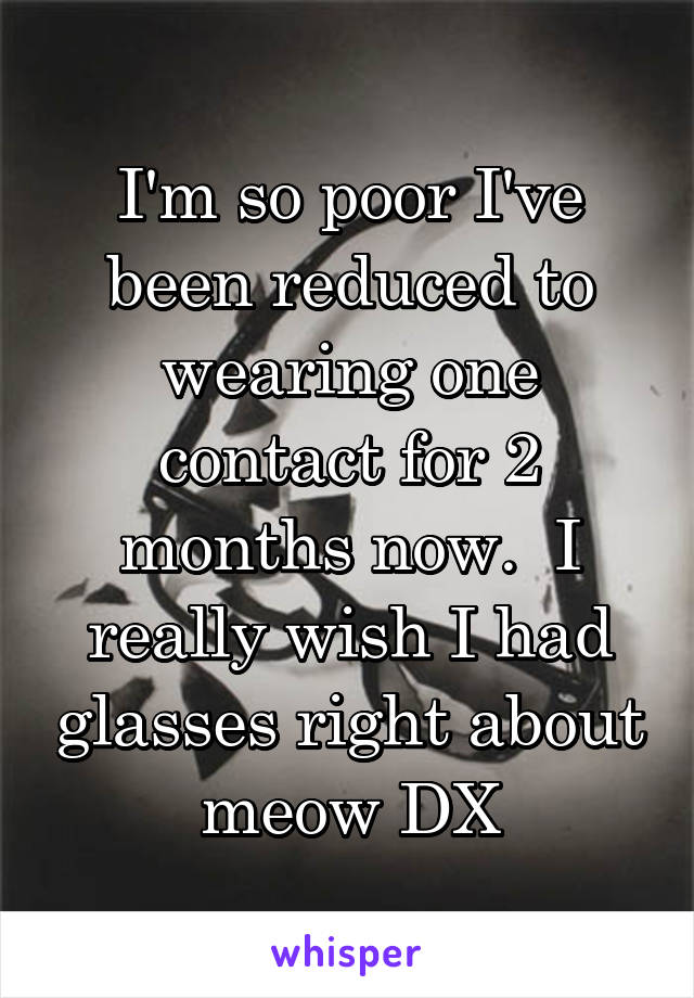 I'm so poor I've been reduced to wearing one contact for 2 months now.  I really wish I had glasses right about meow DX