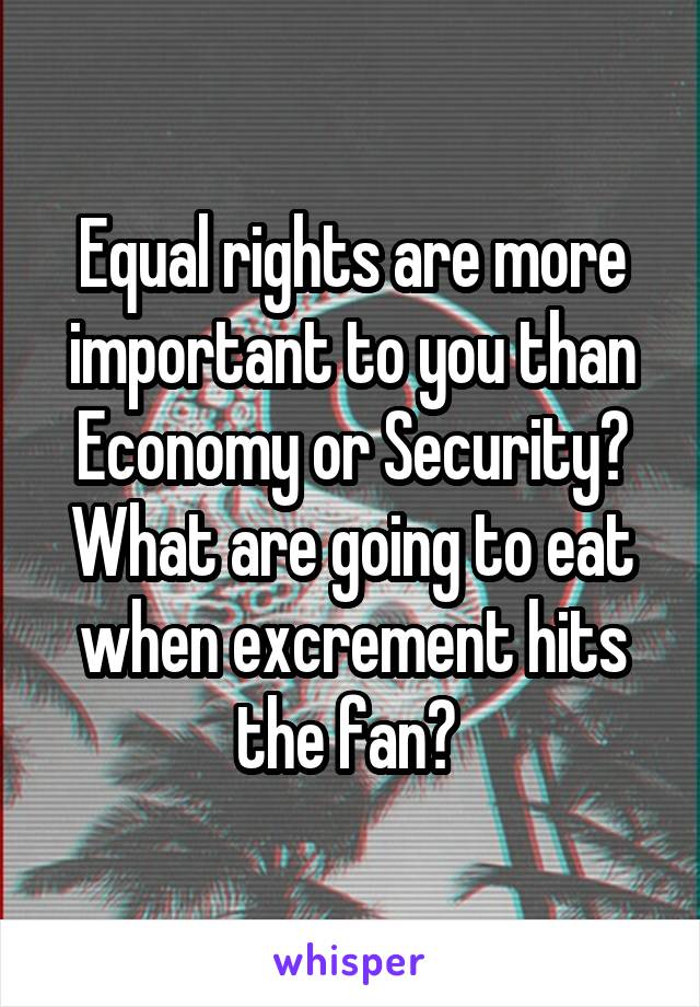 Equal rights are more important to you than Economy or Security? What are going to eat when excrement hits the fan? 