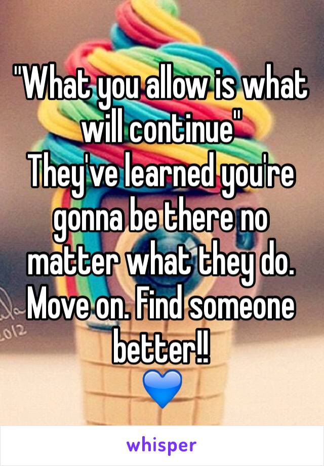 "What you allow is what will continue"
They've learned you're gonna be there no matter what they do. Move on. Find someone better!!
💙