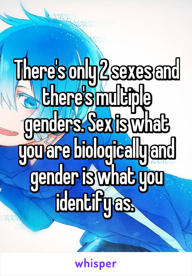 There's only 2 sexes and there's multiple genders. Sex is what you are biologically and gender is what you identify as. 