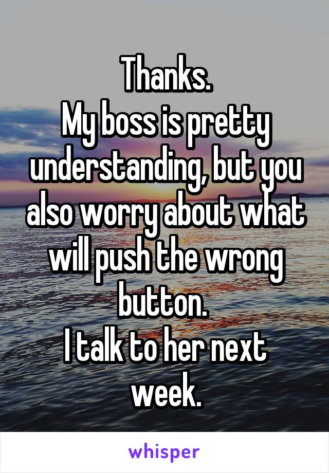 Thanks.
My boss is pretty understanding, but you also worry about what will push the wrong button. 
I talk to her next week.