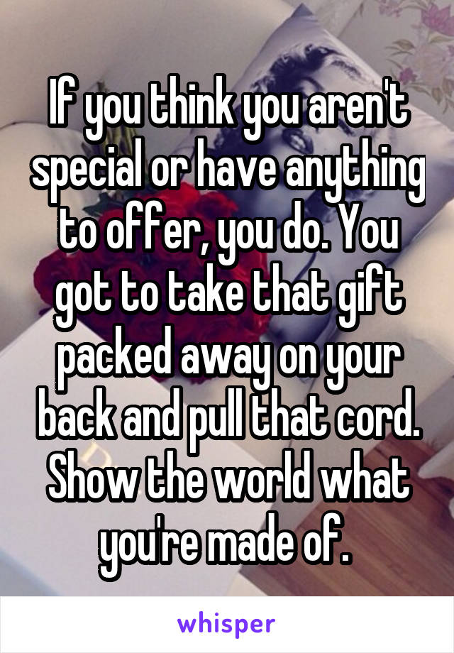 If you think you aren't special or have anything to offer, you do. You got to take that gift packed away on your back and pull that cord. Show the world what you're made of. 