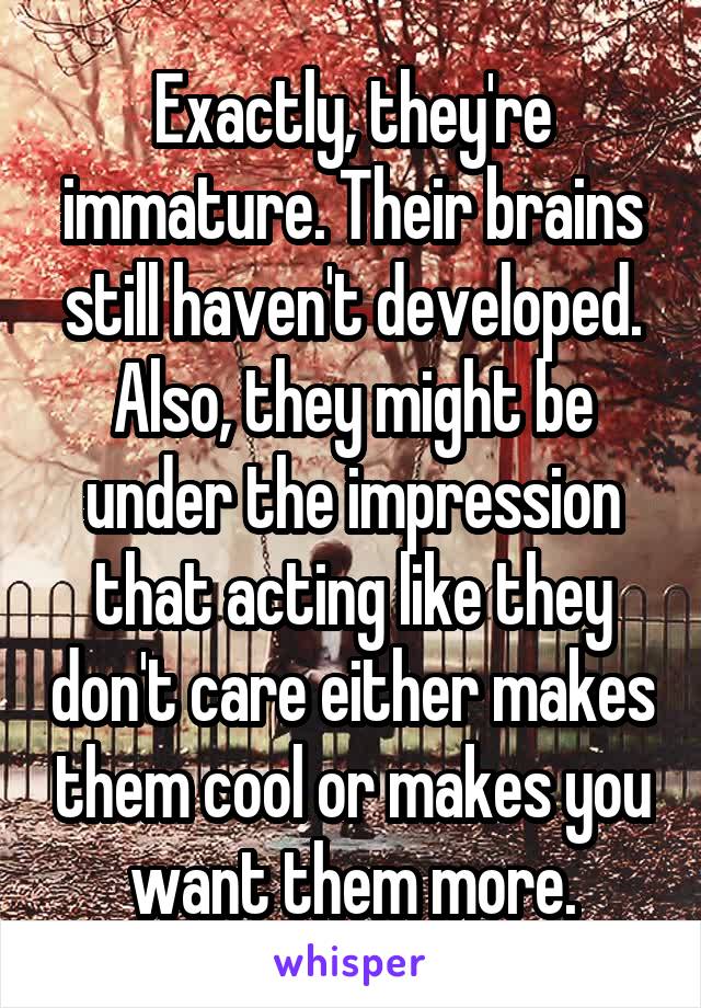 Exactly, they're immature. Their brains still haven't developed. Also, they might be under the impression that acting like they don't care either makes them cool or makes you want them more.