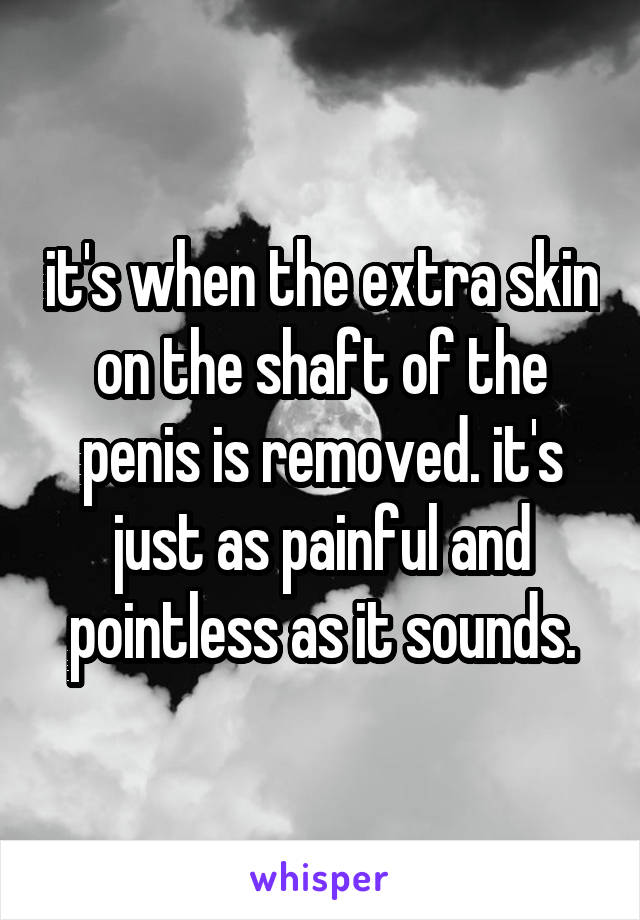 it's when the extra skin on the shaft of the penis is removed. it's just as painful and pointless as it sounds.