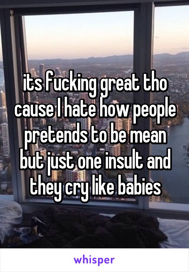 its fucking great tho cause I hate how people pretends to be mean but just one insult and they cry like babies