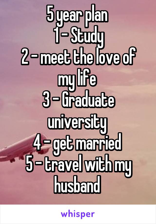 5 year plan 
1 - Study
2 - meet the love of my life 
3 - Graduate university 
4 - get married 
5 - travel with my husband 
