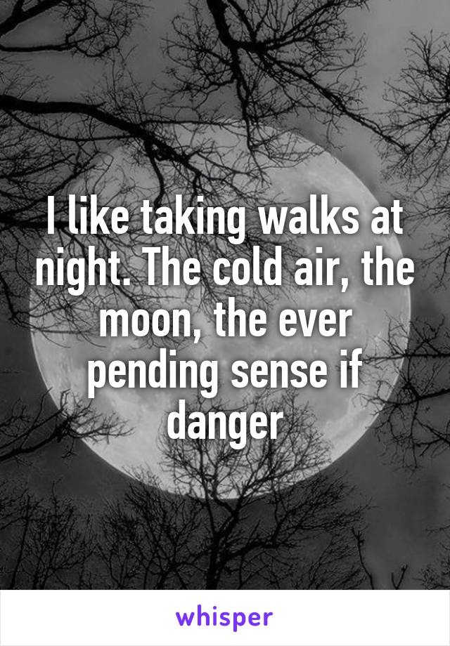 I like taking walks at night. The cold air, the moon, the ever pending sense if danger