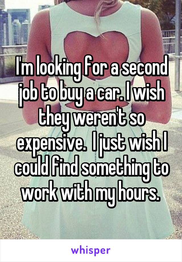 I'm looking for a second job to buy a car. I wish they weren't so expensive.  I just wish I could find something to work with my hours. 