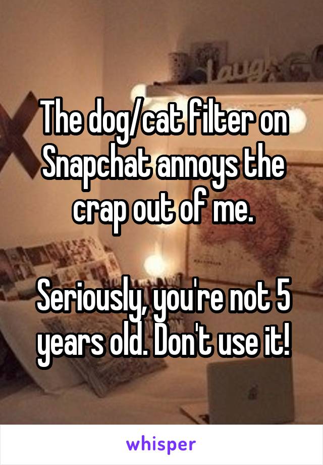 The dog/cat filter on Snapchat annoys the crap out of me.

Seriously, you're not 5 years old. Don't use it!
