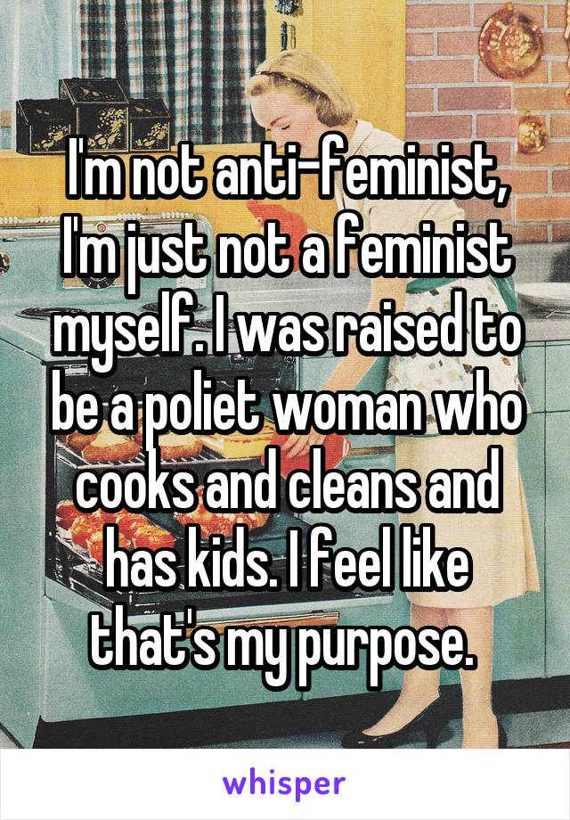 I'm not anti-feminist, I'm just not a feminist myself. I was raised to be a poliet woman who cooks and cleans and has kids. I feel like that's my purpose. 