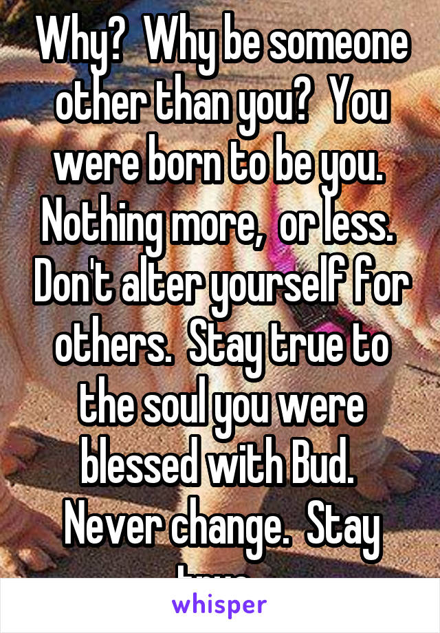 Why?  Why be someone other than you?  You were born to be you.  Nothing more,  or less.  Don't alter yourself for others.  Stay true to the soul you were blessed with Bud.  Never change.  Stay true. 