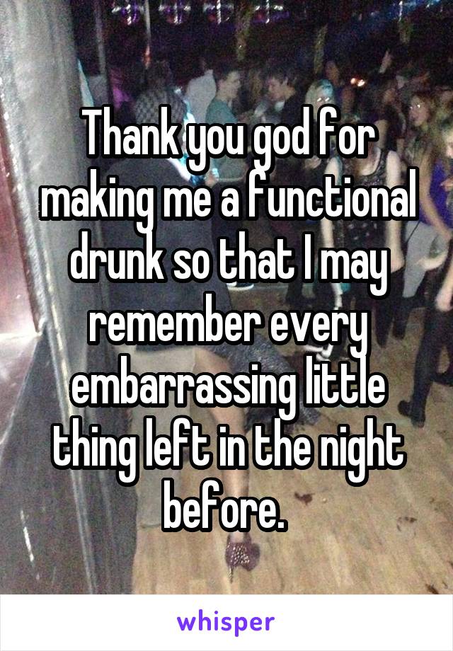 Thank you god for making me a functional drunk so that I may remember every embarrassing little thing left in the night before. 