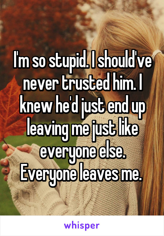I'm so stupid. I should've never trusted him. I knew he'd just end up leaving me just like everyone else. Everyone leaves me. 