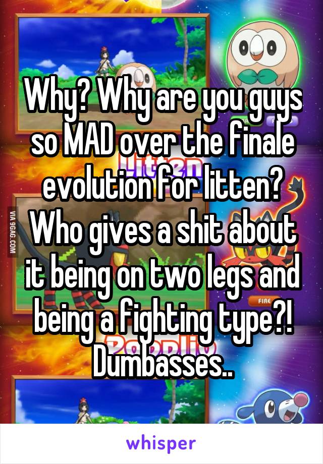 Why? Why are you guys so MAD over the finale evolution for litten?
Who gives a shit about it being on two legs and being a fighting type?! Dumbasses..
