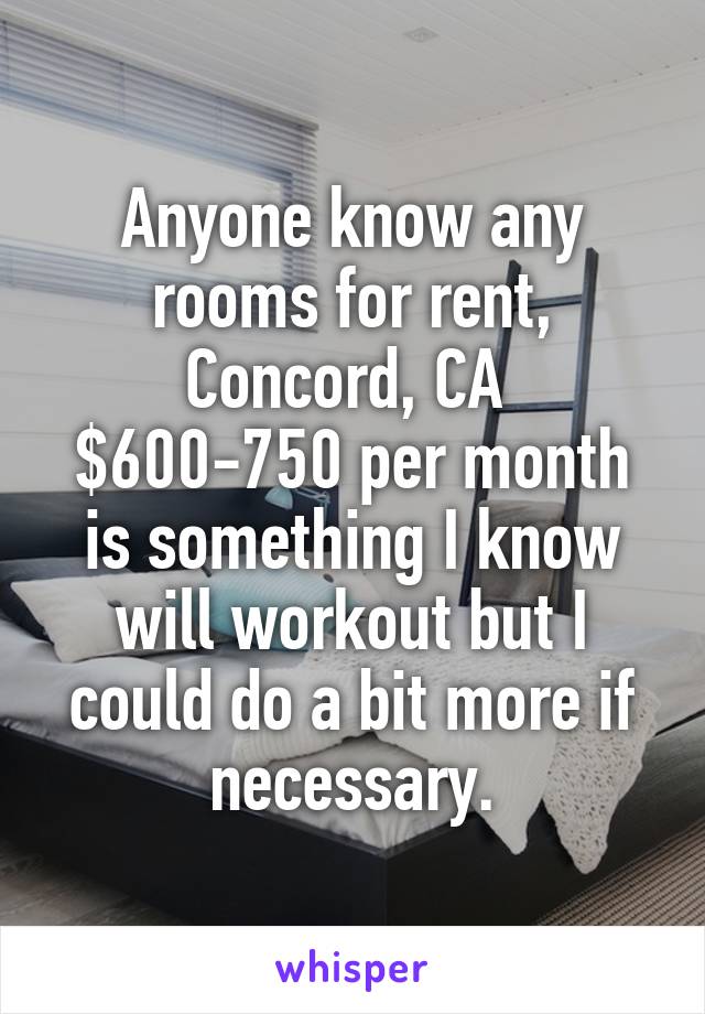Anyone know any rooms for rent, Concord, CA  $600-750 per month is something I know will workout but I could do a bit more if necessary.