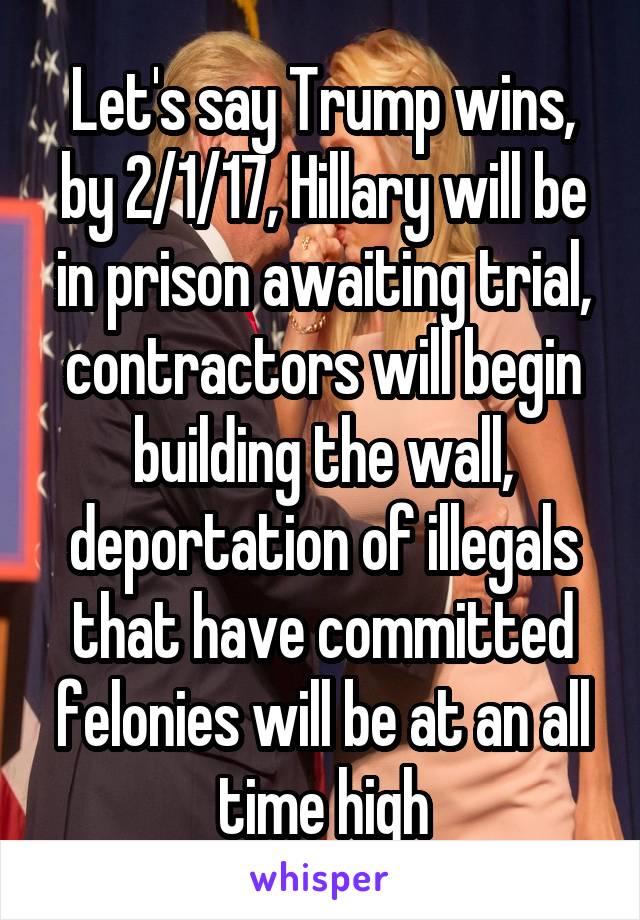 Let's say Trump wins, by 2/1/17, Hillary will be in prison awaiting trial, contractors will begin building the wall, deportation of illegals that have committed felonies will be at an all time high