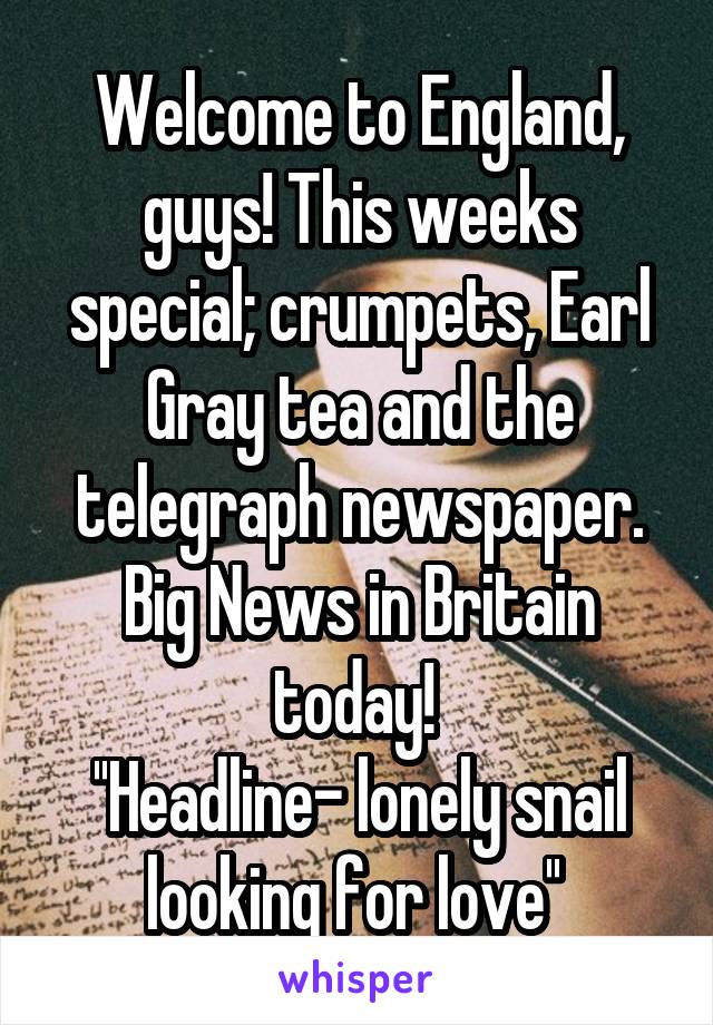 Welcome to England, guys! This weeks special; crumpets, Earl Gray tea and the telegraph newspaper. Big News in Britain today! 
''Headline- lonely snail looking for love'' 