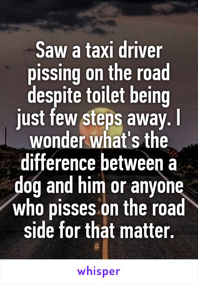 Saw a taxi driver pissing on the road despite toilet being just few steps away. I wonder what's the difference between a dog and him or anyone who pisses on the road side for that matter.