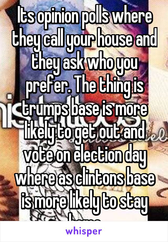 Its opinion polls where they call your house and they ask who you prefer. The thing is trumps base is more likely to get out and vote on election day where as clintons base is more likely to stay home