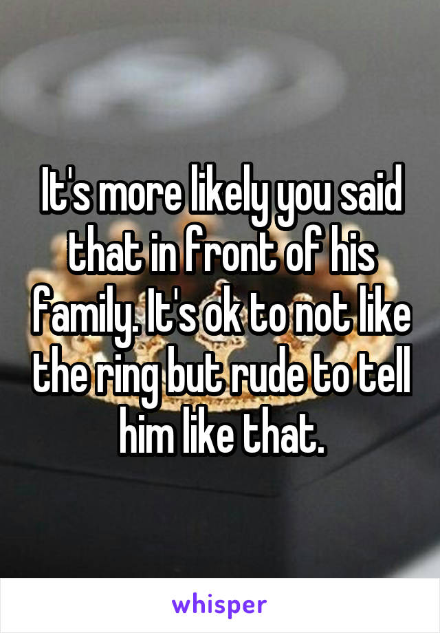 It's more likely you said that in front of his family. It's ok to not like the ring but rude to tell him like that.