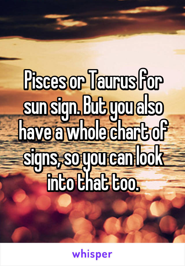 Pisces or Taurus for sun sign. But you also have a whole chart of signs, so you can look into that too.