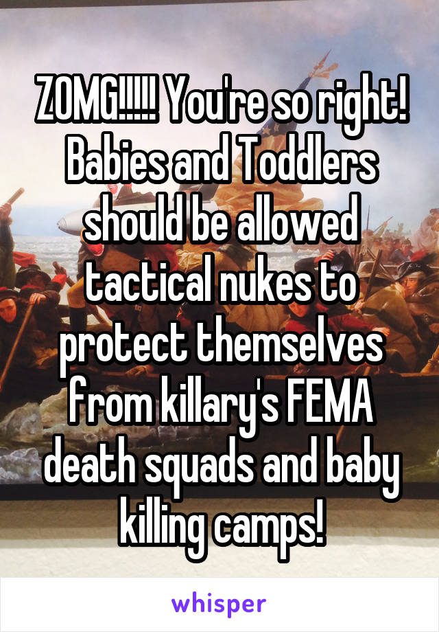 ZOMG!!!!! You're so right! Babies and Toddlers should be allowed tactical nukes to protect themselves from killary's FEMA death squads and baby killing camps!