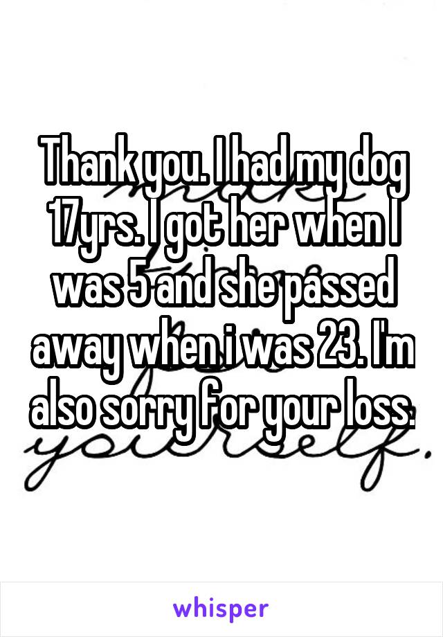 Thank you. I had my dog 17yrs. I got her when I was 5 and she passed away when i was 23. I'm also sorry for your loss. 