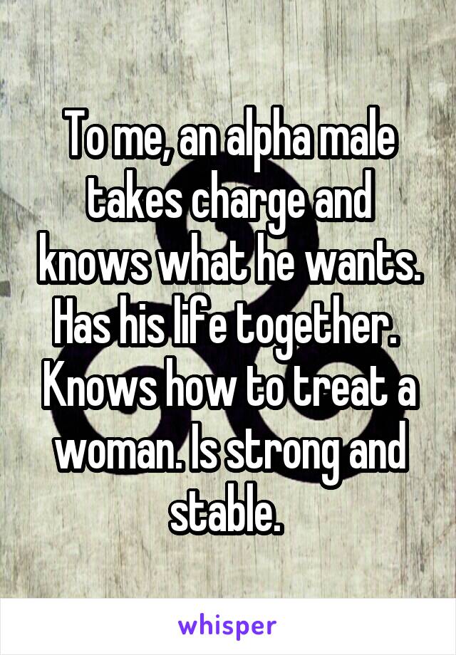 To me, an alpha male takes charge and knows what he wants. Has his life together.  Knows how to treat a woman. Is strong and stable. 