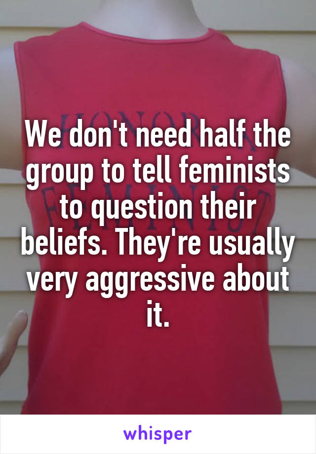 We don't need half the group to tell feminists to question their beliefs. They're usually very aggressive about it.